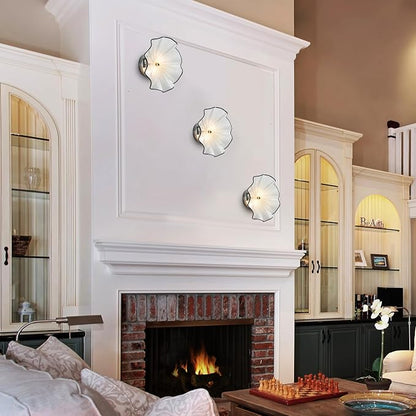 White Glass Wall Light Dia 12" Wall Lamp with Murano Glass Shade Vintage Vanity Lighting Fixture with Metal Base Flush Mount Wall Sconce 2-Light for Bathroom, Bedroom, Bedside, Entryway