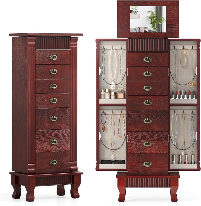 DREAMADE Jewelry Armoire, Standing Jewelry Box w/Mirror & 7 Drawers, Brown | Flip Top Organizer with 2 Side Doors and Anti-Toppling Device, Large Jewelry Cabinet Storage for Bedroom