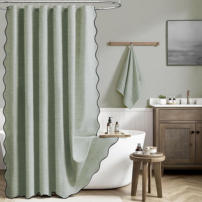 BTTN 84 Inch Scalloped Shower Curtain, Extra Long Boho Linen Textured Modern Cloth Shower Curtain Set with Hooks, Large Neutral Fancy Waterproof Fabric Shower Curtains for Bathroom - Sage Green