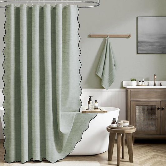 BTTN 72x96 Shower Curtain, Extra Long Scalloped Linen Textured Cute Heavy Duty Shower Curtain Set with Hooks, Tall Neutral Modern Luxury Waterproof Fabric Shower Curtains for Bathroom - Sage Green