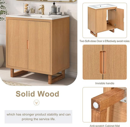 Favfurish 30" Bathroom Vanity with Resin Sink,Undermount Single Basin Bath Vanity Set w/2 Soft Closing Doors,Transitional Freestanding Storage Cabinet,Solid Wood Frame,Burly Wood