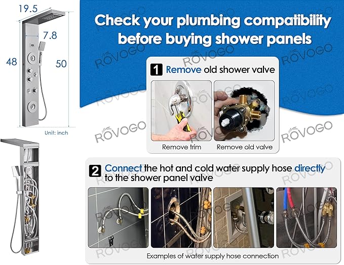 ROVOGO Shower Panel with Rainfall, Waterfall Shower Head, 2-Type Body Jets, Handheld and Tub Spout, Shower Tower System with Led Lights and Temperature Display, 304 Stainless Steel Brushed