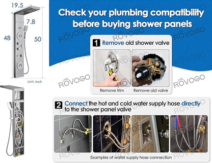 ROVOGO Shower Panel with Rainfall, Waterfall Shower Head, 2-Type Body Jets, Handheld and Tub Spout, Shower Tower System with Led Lights and Temperature Display, 304 Stainless Steel Brushed