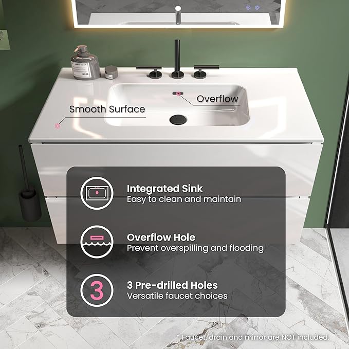 36" Bathroom Vanity with Sink, Modern Floating Vanity with Double Soft-Closing Drawers, Large Storage for Small Space, Glossy White, Fully Assembled - Iris Collection