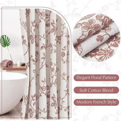 MitoVilla Extra Long Shower Curtain Set 72 x 84, Cotton Floral Cottagecore Spring Shower Curtains for Bathroom, Modern Farmhouse Country Plant Leaves Bathroom Décor