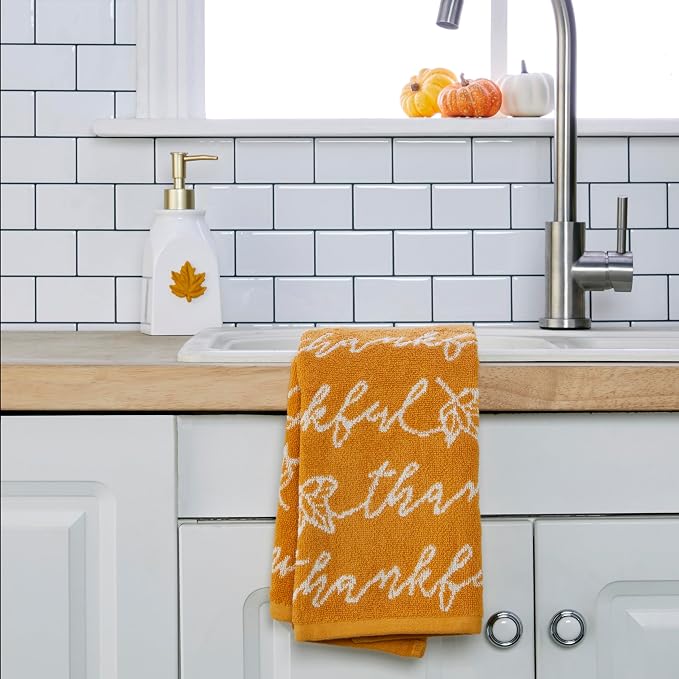 SKL Home Fall/Thanksgiving Thankful Script Hand Towel Set-2pc, Yellow | 100% Cotton. Soft & absorbent. Reversible jacquard pattern. Great for the bathroom, kitchen or bar & gifting.