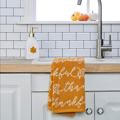 SKL Home Fall/Thanksgiving Thankful Script Hand Towel Set-2pc, Yellow | 100% Cotton. Soft & absorbent. Reversible jacquard pattern. Great for the bathroom, kitchen or bar & gifting.