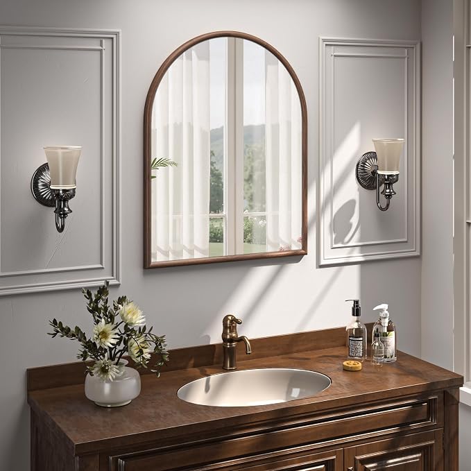 28"x36" Arch Wall Mirror for Wall, Wall Mounted Vanity Mirror for Bedroom, Wood Grain Finish Frame Mirror with Tempered Glass, Vintage Decorative for Bathroom, Entryway, Living Room, Walnut
