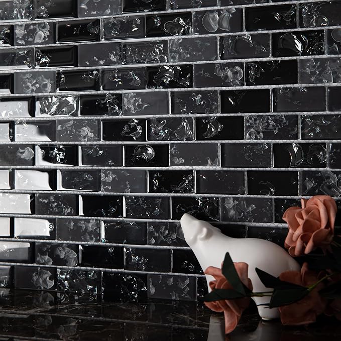 Glass Mosaic Tile Backsplash Black 12 Inch 5 sq.ft | Glass Tiles for Kitchen Backsplash Bathroom and Shower 5-Pack