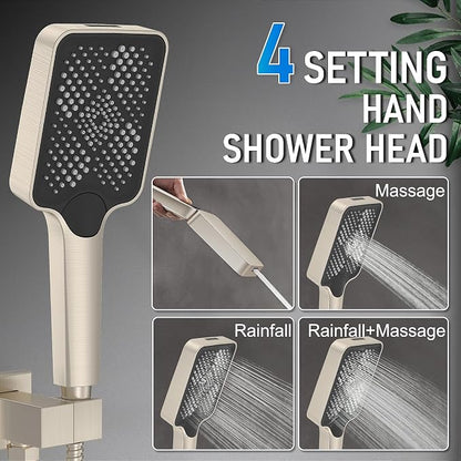 Iriber Thermostatic Shower System with Adjustable Water Flow Push Button Diverter, Square Dual Shower Heads Faucet Set with Handheld Spray, Brushed Nickel Shower Mixer Valve Trim Kit (Valve Included)