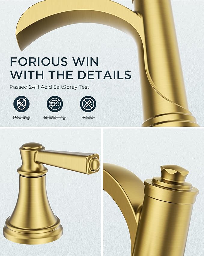 FORIOUS Brushed Gold Bathroom Faucet 3 Hole Widespread, Two Handle Antique Brass Waterfall Bathroom Faucet Gold 3 Hole for Vanity with Metal Drain Kit and Pre-Assembled CUPC Hose and All Tools