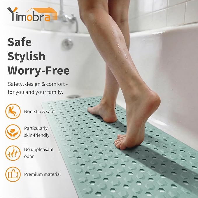 Yimobra Bathtub Mat Non Slip, 34.5"X15.5" Long Shower Mat for Inside Shower, Machine Washable Bath Mat with Drain Holes & Strong Suction Cups, Soft on Feet, Bathroom Essentials, Light Green
