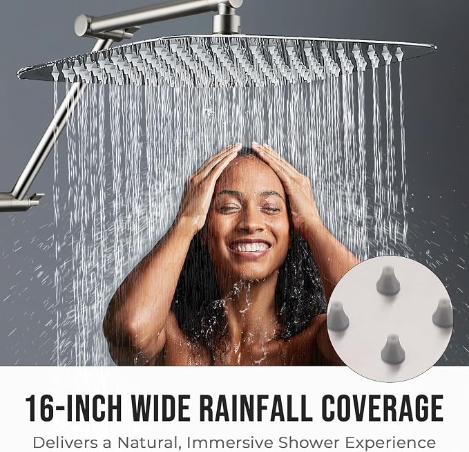 G-Promise 16 Inch All Metal Rain Shower Head with Extension Arm | Built to Last, Rust Resistant, Easy to Install, Adjustable, Full Body Coverage Large Rainfall Shower Head, Daily SPA