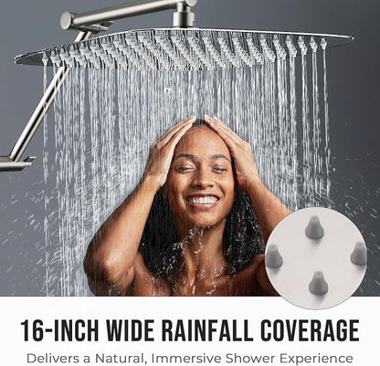G-Promise 16 Inch All Metal Rain Shower Head with Extension Arm | Built to Last, Rust Resistant, Easy to Install, Adjustable, Full Body Coverage Large Rainfall Shower Head, Daily SPA