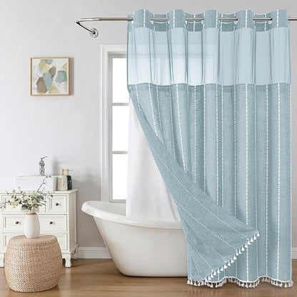 eachope No Hook Extra Long Shower Curtain Set with Snap-in Liner,Linen Textured Thick Striped Fabric with Tassels,Boho Chic Modern Farmhouse Bathroom Curtain,Water-Repellent,Fog Blue,71x86 | 330GSM Thick Linen Textured Striped Fabric with Tassels,Snap-...