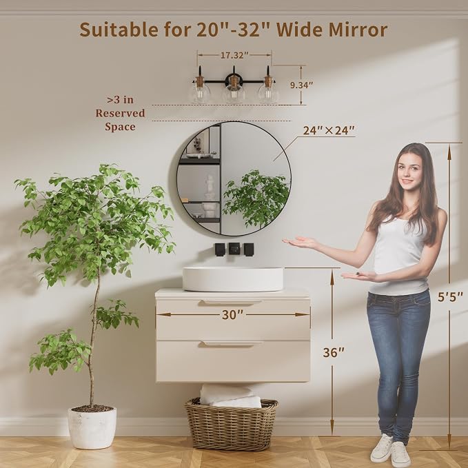 3 Lights Bathroom Vanity Light Fixtures Over Mirror Modern | Wall Sconce,Globe Glass Shade,E26 Base, UL Certified，Anti-Rust,Damp Rated,Brushed Cooper Black,Bathroom Bedroom Living Room