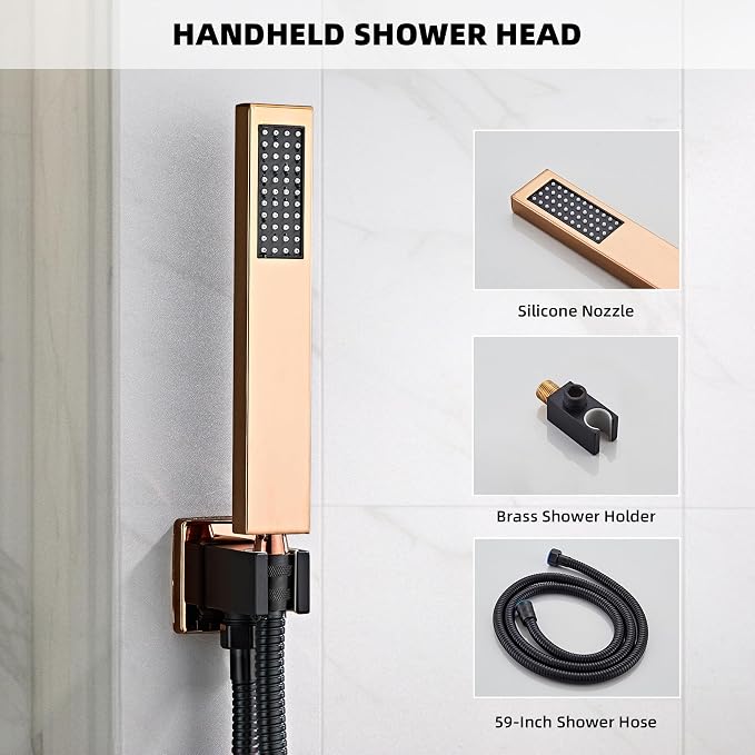 Shower Faucet Set, Matte Black and Rose Gold Rainfall Shower System Complete Wall Mounted for Bathroom with 10 Inch Square Shower Head and Handheld Shower Head Rain Mixer Combo Set