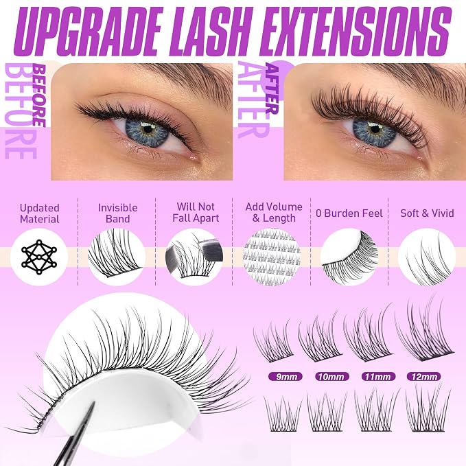 Lash Extension Kit Wispy Lash Clusters Kit 9-12mm Natural Individual Lashes Kit 168pcs Cluster Eyelash Extension Kit with Lash Bond and Seal, Lash Applicator for Self Use