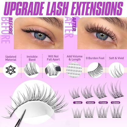 Lash Extension Kit Wispy Lash Clusters Kit 9-12mm Natural Individual Lashes Kit 168pcs Cluster Eyelash Extension Kit with Lash Bond and Seal, Lash Applicator for Self Use