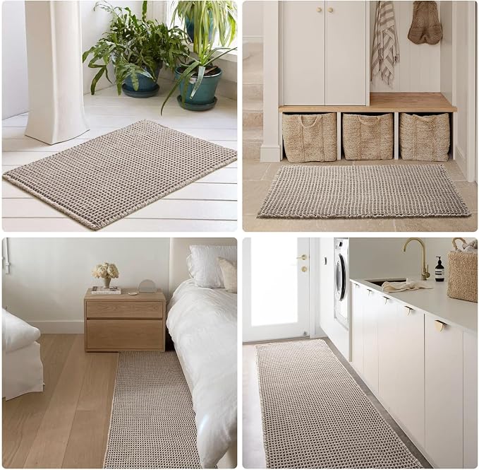TYUU Waffle Bath Mat, Small Boho Bathroom Rugs Non Slip 24x16 Light Grey | Super Absorbent Quick Dry Bath Rug, Non-Slip Backing, Soft Waffle Washable Farmhouse Bathroom Mats, Tub, Shower & Home Decor