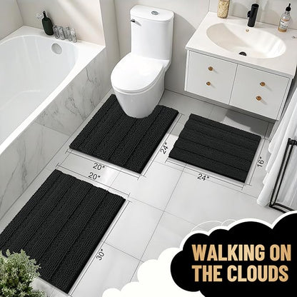 OLANLY Thick Large Bathroom Rugs 59x35, Soft Chenille Bath Rugs, Black | Absorbent Striped, Rubber Backing, Machine Wash Dry, Bath Mats for Bathroom Floor, Tub and Shower, Home Decor Accessories
