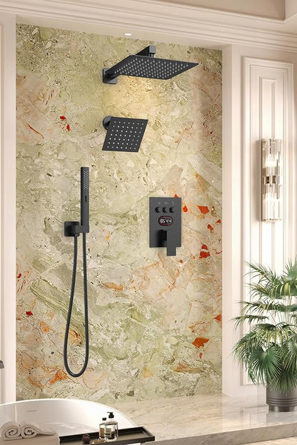Longriver 3-Push Button Shower Faucet Set Hydro Power Temperature Display | Shower System Wall Mounted 10" & 6" Shower Head with 3-Spary Handheld, Shower Fixtures with Valve and Trim Kit, Matte Black