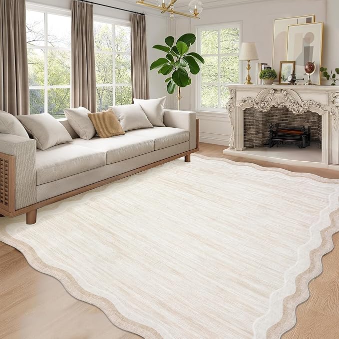 Garvee Scalloped 8x10 Rugs Washable Area Rugs for Living Room Cream | Rugs for Living Room, Non-Slip Soft Carpet for Bedroom, Scalloped Low-Pile Solid Rug Accent Rug for Dining Room Home Office