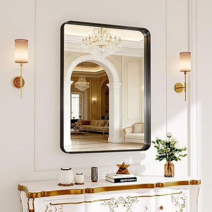 Matte Black Metal Framed Vanity Rounded Rectangle Bathroom 24X32 Inch Mirrors for Over Sink Wall,Modern Decorative for Restroom, Anti-Rust Aluminum Alloy Mirror, Horizontally or Vertically Hanging