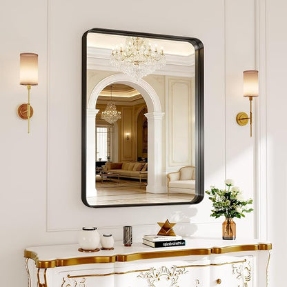 Black Bathroom Mirrors for Over Sink,24X36 Inch Matte Metal Framed | Vanity Rounded Rectangle Vanity Mirror, HD Tempered Glass, Anti-Rust, Horizontally or Vertically Hanging