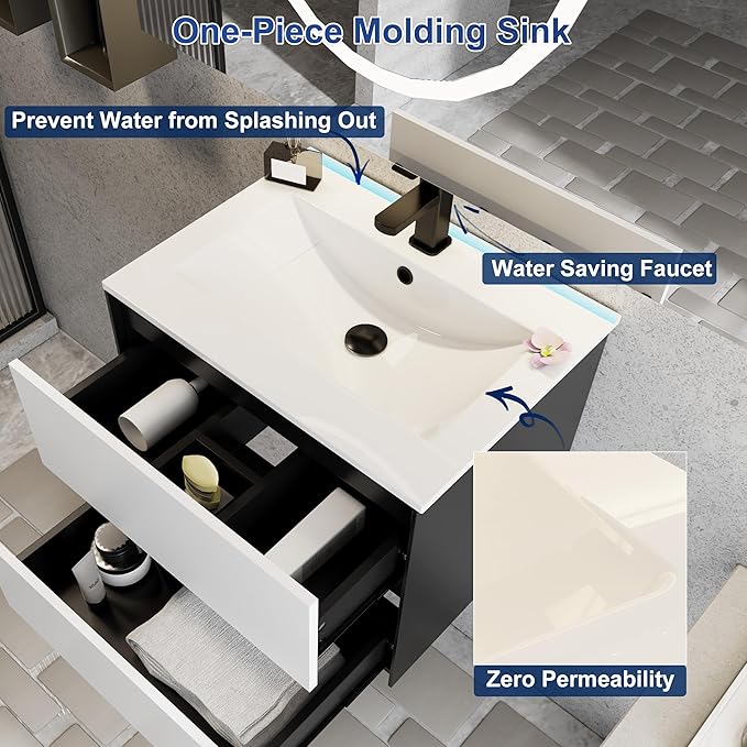 eclife 24" Bathroom Vanity Cabinet with Undermount White Sink Combo, Wall Mounted Floating Bathroom Cabinet with Colors Mixed Style, 2 Big Drawers & Matte Black Faucet
