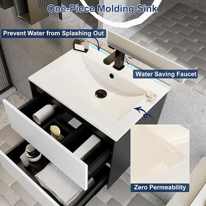 eclife 24" Bathroom Vanity Cabinet with Undermount White Sink Combo, Wall Mounted Floating Bathroom Cabinet with Colors Mixed Style, 2 Big Drawers & Matte Black Faucet