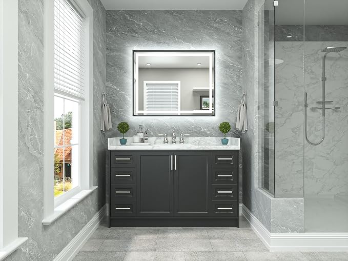 40 x 32 Led Mirror Brushed Gunmetal Gray/Off‑Black Metal Frame Frontlit & Backlit Vanity Mirror Anti-Fog Stepless Dimmable 3 Colors White/Warm/Natural Wall Mirror with Lights Wall-Mounted