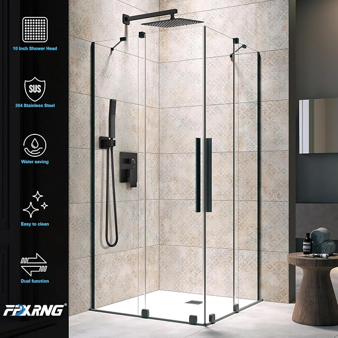 FPXRNG Shower Faucet Set Rainfall Shower System with Square Shower Head and Handle Set Rough-in Valve and Metal Trim Kit Included Matte Black 10 Inch Wall Mounted Shower Fixtures