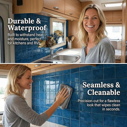 Ocean Blue 4 Sheets 6x6 Inch Peel and Stick Subway Tile Backsplash, Self Adhesive Wall Tiles for Kitchen Bathroom, Thick Waterproof Heat Resistant, Easy Install No Grout, Renter Friendly