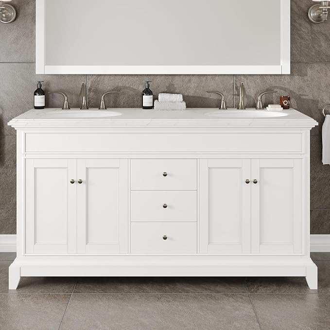 Elite Stamford 60 in. White Double Sink Bath Vanity with Carrara Quartz Top
