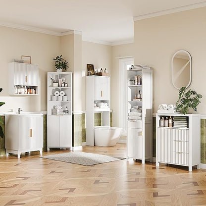 VINGLI Bathroom Floor Storage Cabinet with 3 Drawers, Modern 32" Freestanding Short Storage Organizer with Fluted Door & Adjustable Shelf, 12 Inch Deep White Wooden Console for Small Space