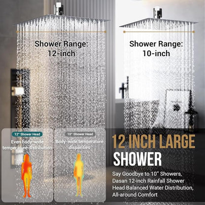 DASAN Full Body Shower System with 6 PCS Body Spray Jets & 12'' Rain Overhead Shower & Handheld, In Wall Rain Shower System Polished Chrome Shower Faucets Sets Complete with Valve, SA-SS03ACH-S12W