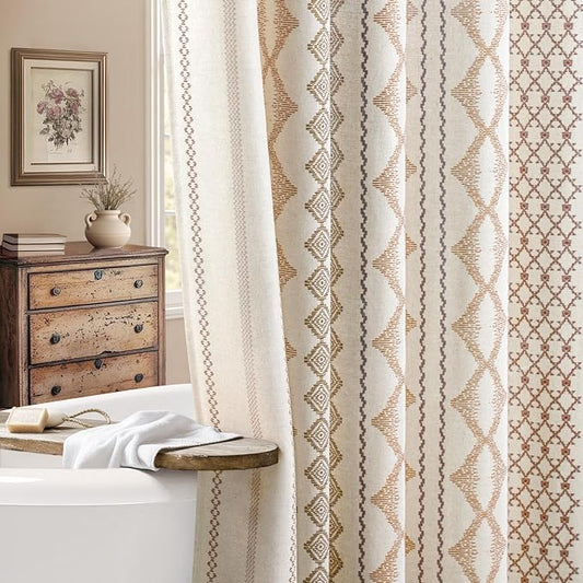 Boho Linen Shower Curtain for Bathroom with Striped Print,72" W x 78" L,Beige,Long Size