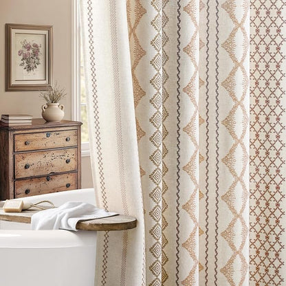 Beige Boho Linen Shower Curtain,72" W x 72" L | Linen Striped Print for Bathroom