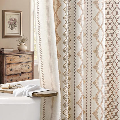 Beige Boho Linen Shower Curtain,72" W x 84" L | Linen Striped Print for Bathroom