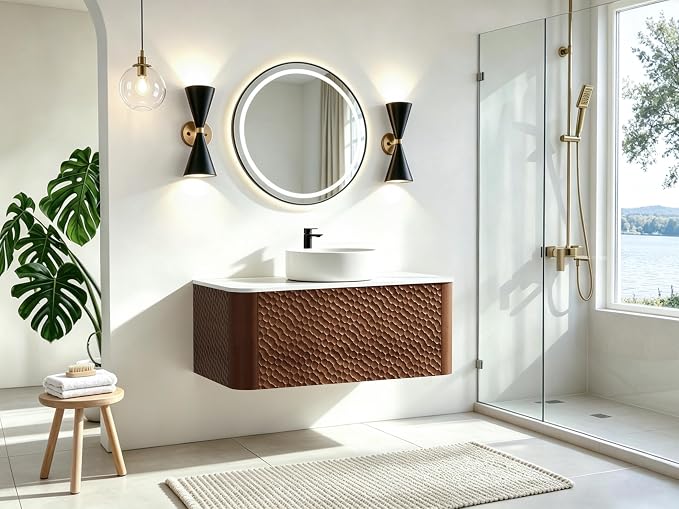 36 Inch Modern Bathroom Vanity with Ceramic Sink, Floating Bathroom Vanity Cabinet with Sintered Stone Top&Solid Wood Hammered Frame, Single Sink Bathroom Vanities w/Soft-Close Drawers,Walnut