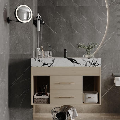 KEIKI 29.9" Bathroom Vanity with Undermount Sink Combo, Modern Floating Vanity Cabinet with 2 Drawers & Open Side Shelves, Storage Wall Mounted Cabinet for Small Space, Apricot‌ Marbe