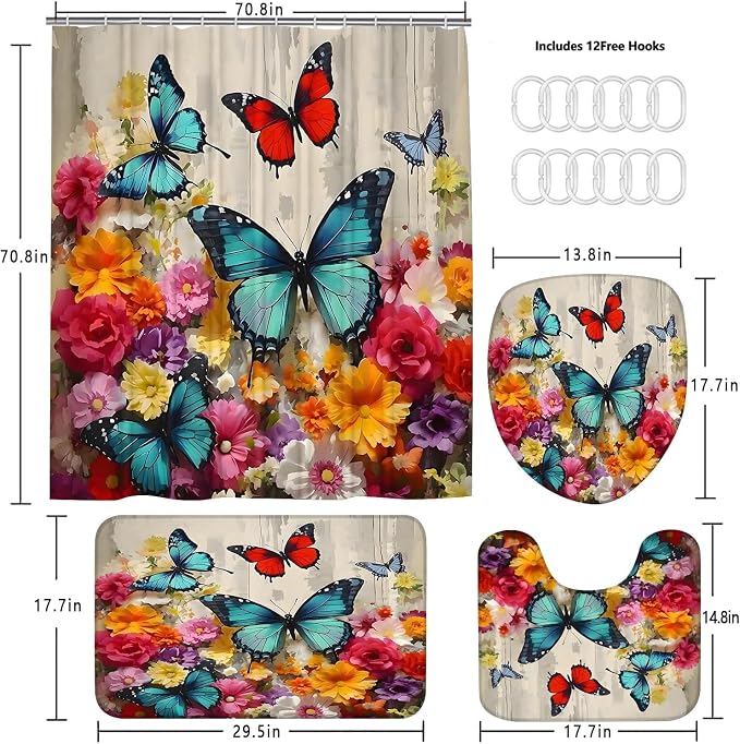Chrainy 4pcs Flower Butterflies Shower Cutain Set Bathroom Decor with Rugs | Floral Bath Accessories with Waterproof Curtain, Bath Mat, Toilet Lid Cover, U-Shaped Rug and 12 Hooks for Washroom, 71*71in