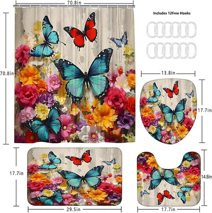 Chrainy 4pcs Flower Butterflies Shower Cutain Set Bathroom Decor with Rugs | Floral Bath Accessories with Waterproof Curtain, Bath Mat, Toilet Lid Cover, U-Shaped Rug and 12 Hooks for Washroom, 71*71in