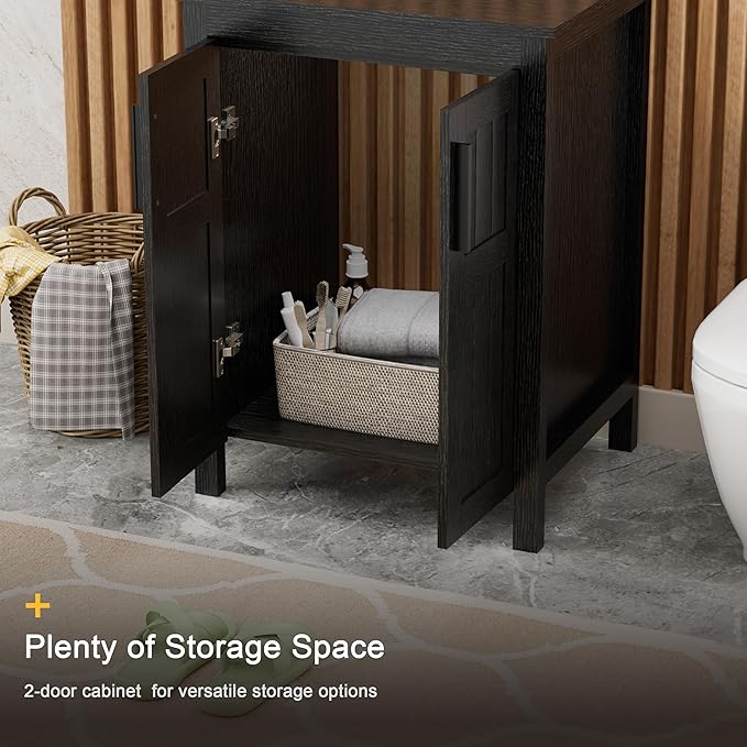 UEV Black 24" Bathroom Vanity with Sink Combo,Modern Vanity with Vessel Sink,Stylish Bathroom Vanity Cabinet,Grooved Doors & Metal Handles,Modern White Boat Vessel Sink(T44)