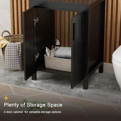 UEV Black 24" Bathroom Vanity with Sink Combo,Modern Vanity with Vessel Sink,Stylish Bathroom Vanity Cabinet,Grooved Doors & Metal Handles,Modern White Boat Vessel Sink(T44)