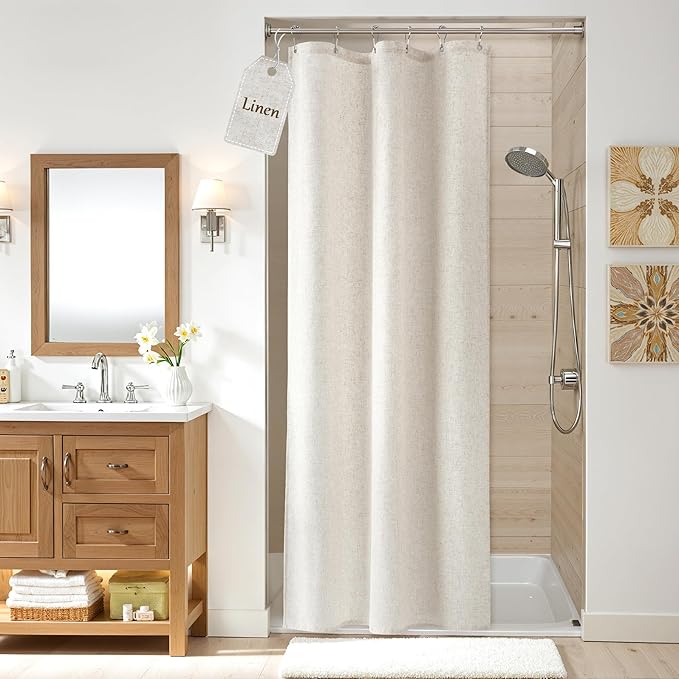 Linen Shower Curtain for Bathroom 36x72 Inch 1 Panel Cream Beige | Small Shower Curtains with Hook for Camper RV Narrow Singel, Neutral Rustic Boho Farmhouse, Simple Shower Decor,Natural Ivory