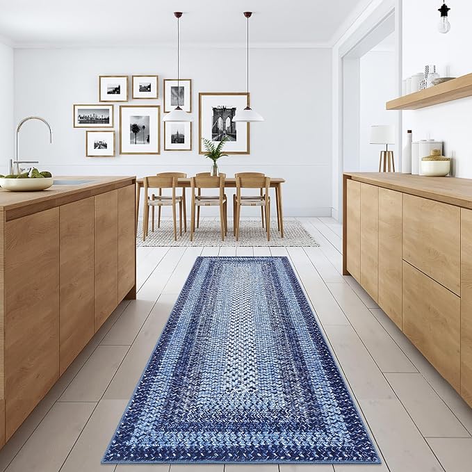 Washable Runner Rug 2x8 Bathroom Rugs Blue Modern Printed Braided Bedroom Rug Non Slip Geometric Area Rug Kitchen Rugs Stain Resistant Carpet for Laundry 2'x8' Navy Blue