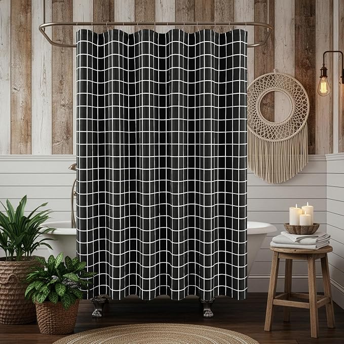 Black Shower Curtains for Bathroom-Fabric Modern Farmhouse Shower Curtain | 70"Wx72"L Faux Linen Grid Minimalist Simple Rustic Neutral Guest Bathroom Decor-Cloth Geometric Plaid Washable Hotel Quality