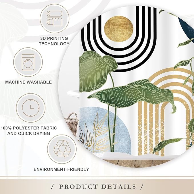Glawry Navy Blue Boho Shower Curtain Abstract Mid Century Light Blue Tropical Palm Tree Sun Arch Plant Minimalist Bathroom Modern 72Wx78L Inches Bath Accessories Art Home Decor Fabric 12 Pack Hook